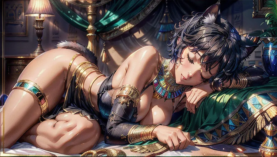 Best quality, high res, 1 adult woman, solo, (a breathtaking masterpiece of close up shot of an adult female catgirl with dark brown skin and short black hair and egyptian outfit lying down and sleeping curled up on luxurious velvet bed), (short black hair, tail, cat ears), (long flowing see through egyptian dress:1.2), nipples slipping outside of dress, (perfect hands, perfect legs), (correct human anatomy, functionally nude, exposed shoulders), lying down curled up and sleeping like a cat, eyes closed sleeping, (extremely detailed face with cute expression:1.35), (beautiful detailed lips grinning:1.2), stunning dreamy atmosphere, beautiful colourful harsh midday lighting, vivid colours, cinematic composition with harsh sunlight, soft artwork, (candid:1.1), (flat shading stylised art:1.27), <lora:dpmg_add_detail:1>, (physically-based ray tracing, photon mapping, photorealistic:1.2), (high resolution masterpiece, 4k, HDR, UHD:1.2), (Egyptian architecture with balcony showing desert background), 4k, HDR, UHD, partially undressed, short hair