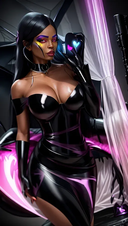 perfect boobs, perfect body, topless, seductive, very long black hair, black hair, latex, leather, charming, giant magical necklace, pink magic force, ((corruption)), demon wings, long demon tail, magical, latex gloves, pink nails, heart shaped latex, very thick choker, heart shaped nipple patch, pink glowing heart, magic love spell, ((black female symbiote)), venom