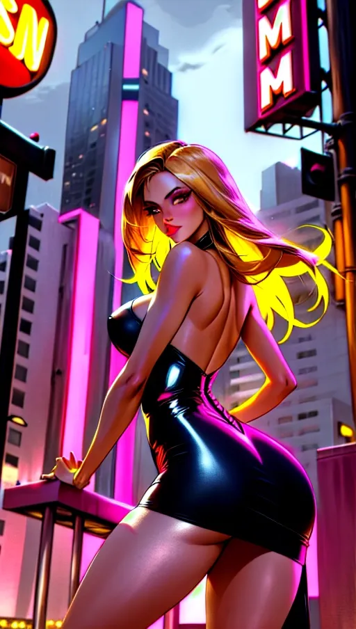 NSFW pos, 1girl, beautiful female, adult, 30, Puerto Rican, Square Jaw, Square Chin, Bleached Blonde Hair, Brunette Roots, Detailed Eyes, Detailed Pupils, Lipstick, Mascara, Round Ass, Toned Legs, Wearing a tight pink vinyl dress, standing outside a strip club, Neon Lights, Facing Away From Viewer, Nighttime, circa 1987, New York