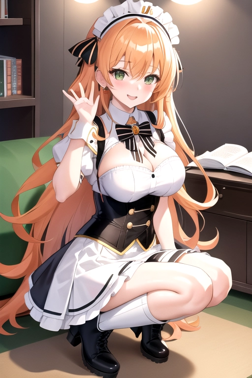 long hair, pale skin, orange hair, green eyes, black choker, giant H-cup breasts, wavy hair, white maid uniform, smiling, full body photo, 28 years old, miniskirt, cleavage, high heels, corset, 8k quality, boots, in living room