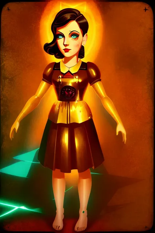 Oval heart face shape, angular jawline, barely visible freckles on the cheeks, height: 5 feet 3 inches, pale skin, brown hair, blue eyes, hair that just goes past her shoulders, rectangle-shaped figure, pronounced hips, good shoulders, and a well-defined waist, c cup, shaved pussy, amazing ass, whole body, BioShock art style, art deco art style, art deco, bioshock