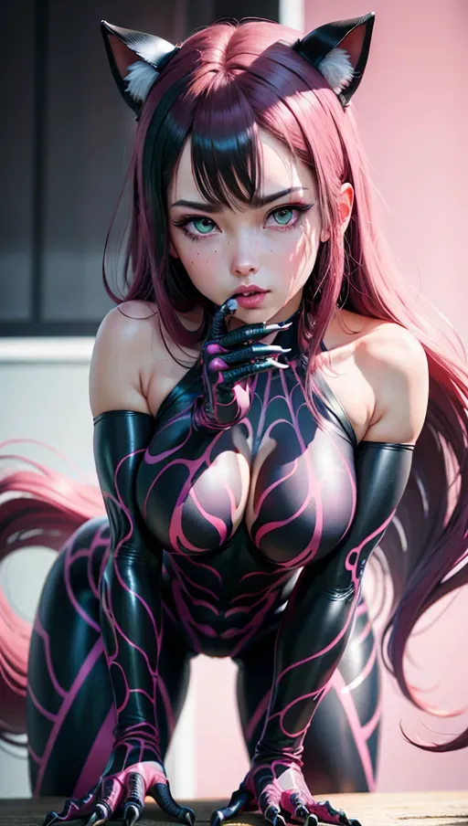 best quality, (((ultra high res))), (detailed face and eyes), ((female pink symbiote transformation)), five fingers per hand, body intrusion, all fours