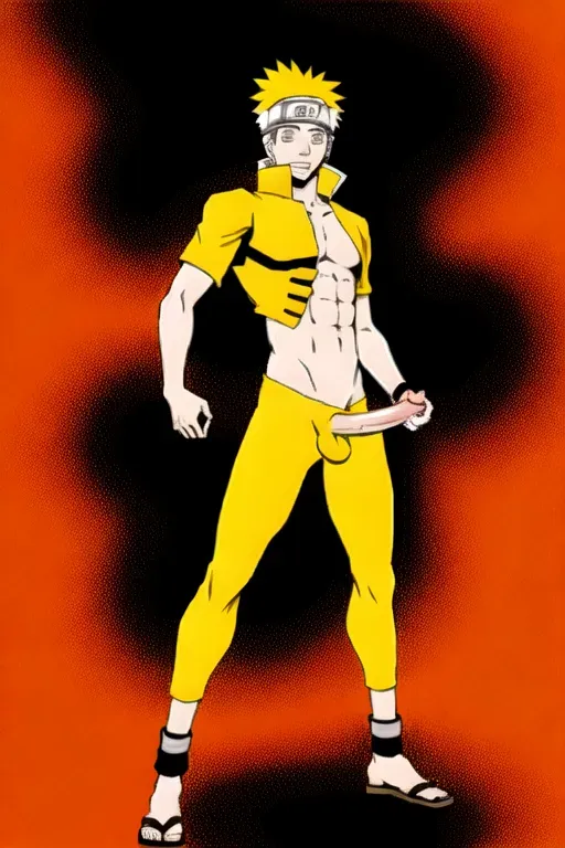 Naruto Uzumaki standing up, hes naked, hes holding his penis in his right hand