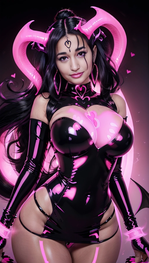 best quality, (((ultra high res))), (((detailed face and eyes))), (perfect face), (big shining heart choker), earrings, jewelry, (((big glowing succubus mark))), ((((big glowing succubus bodymark)))), (((conjuring))), (witch), ((long voluminous hair)), (((latex gloves))), ((black hair)), (((golden bracelet))), (((huge hair cuff))), (((pink skintight neckholder dress))), (((pink glowing dress))), ((face closeup)), (lipstick), (((neckholder))), ((((demon tail)))), ((black long sleeves)), ((purple glowing heart)), (((big cameltoe))), (((demon mark))), heart on womb, (((((bright pink glowing skin tone))))), (((straight black hair))), ((pink glowing clothes)), ((huge boobs)), ((luminescent))