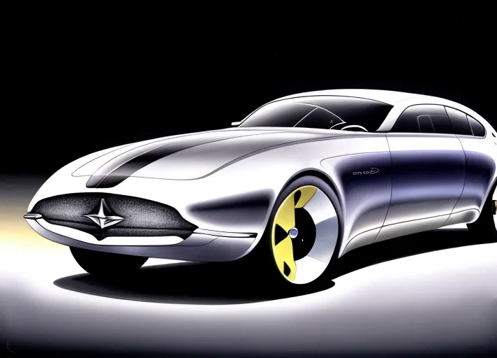 A rendering in airbrush, marker, and colored pencil, of the (full body view) of a sleek sedan concept car styled after cars of the 1940's
