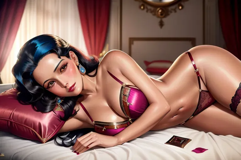 Colour painting of Merle Oberon ((accurate faces )), sexy lingerie,((bare thighs)), smooth skin, sexy butt, fine beautiful body,((detailed skin features),(detailed face features), beautiful face, (detailed body features), beautiful eyes, lying on bed in elegant Art Deco bedroom