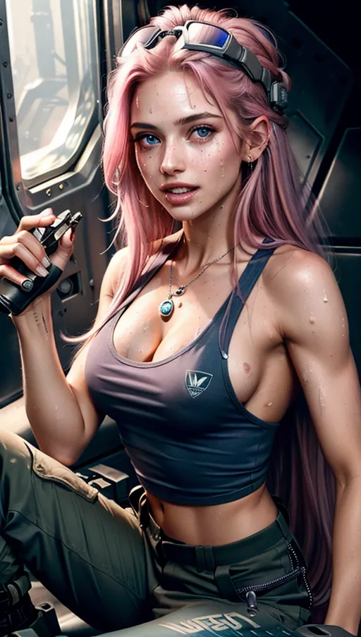 (An ultra realistic picture of a skinny fit girl with long flowy messy pink hair working on fixing a futuristic spaceship. She is in space. She has a futuristic tool in her hand. She has a dog tag necklace. She is wearing cargo pants and a white tank top. She is braless. She is barefoot. She has welding goggles on her head),((nipples)), (side boob), ((she is dirty and sweaty)), (small perky breasts), ((cleavage)), (hot and sweaty) , (perfect teeth), (detailed mouth), (masterpiece, ultra detailed fingers, detailed teeth, perfect teeth, ultra best quality, ultra high quality, ultra high resolution, ultra detailed face, ultra high realism, ultra detailed nose, ultra high realistic, ultra high masterpiece 1.2, ultra cinematic effects, ultra perfect eyes, ultra perfect teeth, ultra high quality eyes, detailed eyes, perfect hands, ultimate model physique, ultra perfect accurate portrait, super ultra accurate)