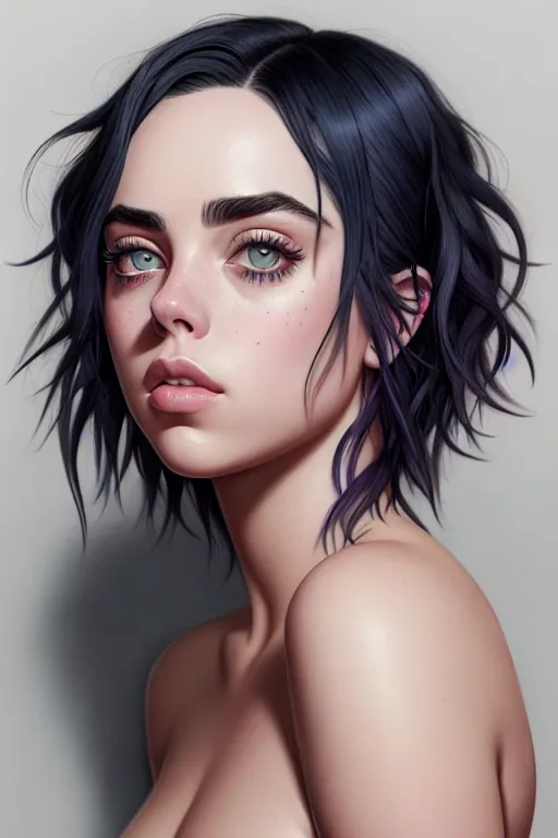 a color pencil draw of,billie eilish,naked,walking,five fingers per hand,short thick hair,gorgeous face,beautiful lips,detailed large eyes,curved eyebrows,textured skin,erotic,tattoo,sharp focus,smooth,ultra realistic,cgsociety,artstation