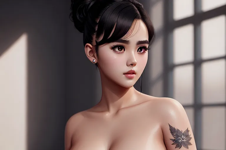 a digital painting of,kim so hyun,naked,kneeing,indoor,five fingers per hand,undercut hair,charming face,beautiful lips,detailed large eyes,curved eyebrows,pale skin,tattoo,highly detailed,ultra realistic,pixiv,bokeh,8k
