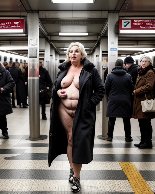 A naked mature lady is a naked exhibitionist at a city subway station, saggy and natural breasts, middle aged woman body shape, slightly overweight, wearing shoes and showing herself naked under her coat so that everyone can see her aroused mature pussy and hanging breasts. People in the background are all wearing street clothes and are allured by this naked woman displaying herself to them.