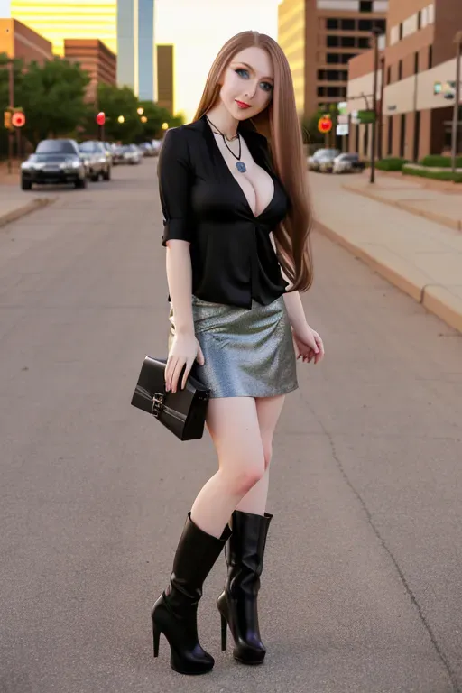 full body, chestnut hair, green eyes, short girl, gray miniskirt, black high heel boots, looking at viewer, long hair, pale skin, black necklace, black blouse, 24 years old, big breasts, cute face, pov, wavy hair, city environment, Oklahoma City, wide eyes, erotic