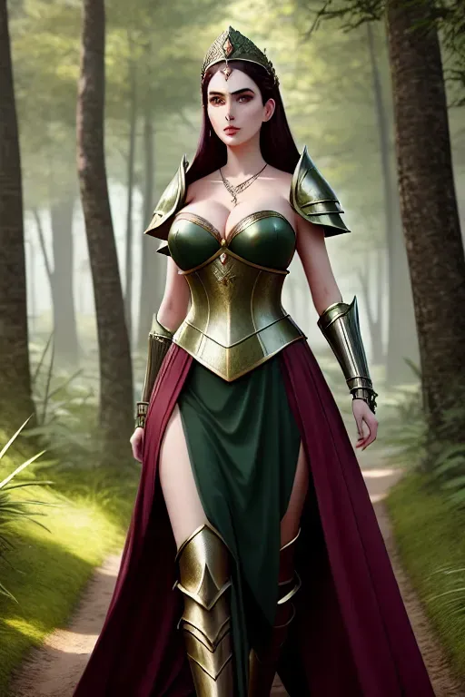 a digital art of,an empress,wearing medieval armor,walking,in the forest,five slender fingers,beautiful face,beautiful lips,green eyes,curved eyebrows,curved eyelid,pale skin,peaceful,wearing necklace,artstation,smooth,cgsociety,cinematic lighting,highly detailed,huge breasts,huge ass