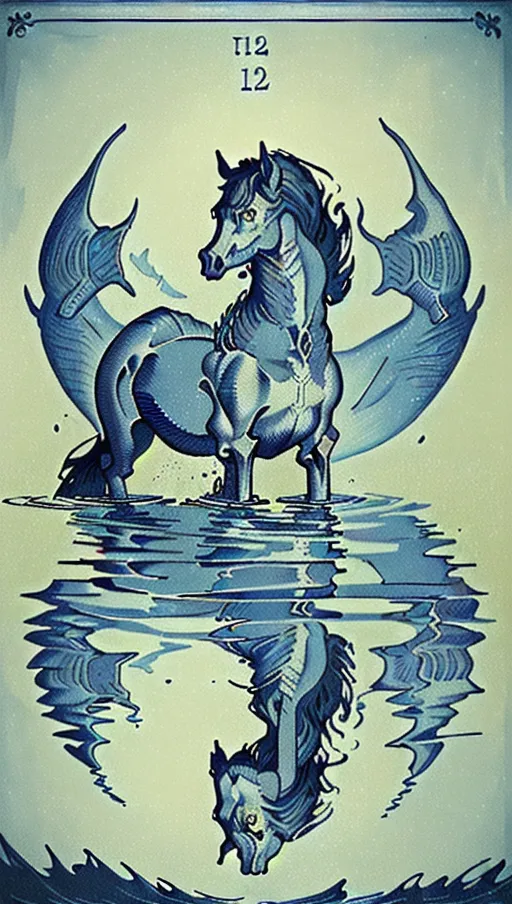 ((128k masterpiece)) (In water reflection is skull image) vintage etching style illustration of a Scottish kelpie water creature, (((Vintage line etching style))). a bestiary image of a traditional (welsh kelpie fantasy mythical creature), dynamic compositional poster art)), kelpie:1.5 water dwelling horse of sadness, ((half-horse-half-fish)) as in water reflection skeletons hands raise from water skulls in water