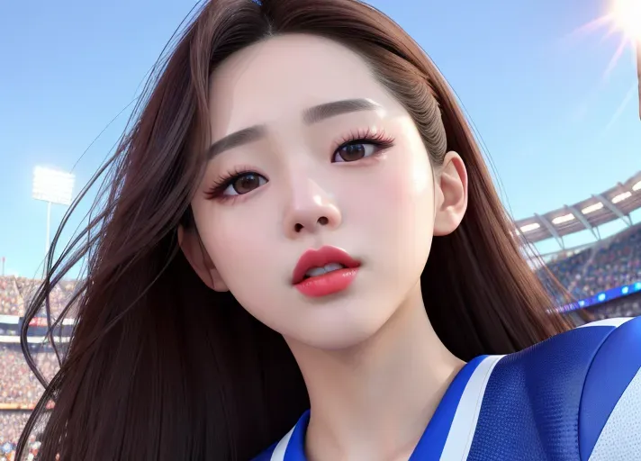 a highly detailed photo of, dpmg_asian_aesthetic_v1, best quality, ultra-hd, 8k resolution, 18 years old, light skin, beautiful face, perfect body, big rounded eyes, beautiful red lips, inocent face, highly detailed face, curved eyebrows, inocent face, correct anatomy, 8k, insanely beautiful, ultrarealistic, five fingers per hand, non nunde,((detailed hair features)),((detailed facial features)),((detailed body features)),((detailed arms features)),(textured skin),((beautiful lips)),((highly detailed)),((8k resolution photo shot)), big wild shot, full body, cheerleader, small waist, outfit, standing in a crownded football stadium, pigtails, far from camera, cameltoe, camel toe, sexy pose
