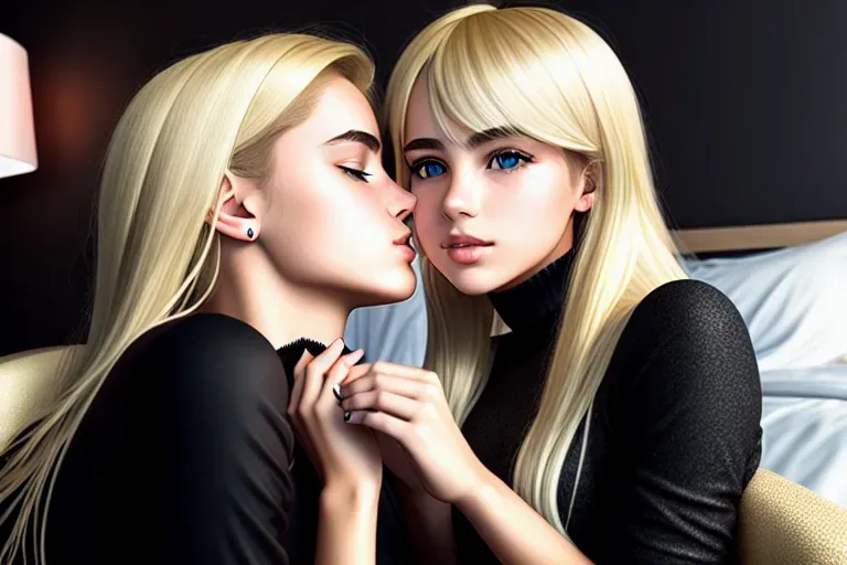 a digital art of, nordic european teen girl kissing man, wearing leggings, sitting on the chair, in a hotel room, teen face, very small breasts, five fingers per hand, silky hair, blonde, beautiful lips, black eyes, curved eyebrows, smooth skin, peaceful, editorial, artstation, bokeh, cinematic lighting, pixiv