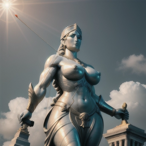 low-angle perspective of a colossal, 1000-meter tall statue of a female archer, majestically dominating the New York City Harbor. Crafted from gleaming white marble and accented with intricate bronze details, the statue grandeur is enhanced by the dramatic lens flare emanating from behind her, her buxom physique largely exposed, emphasizing her giant enormous gravity-defying breasts