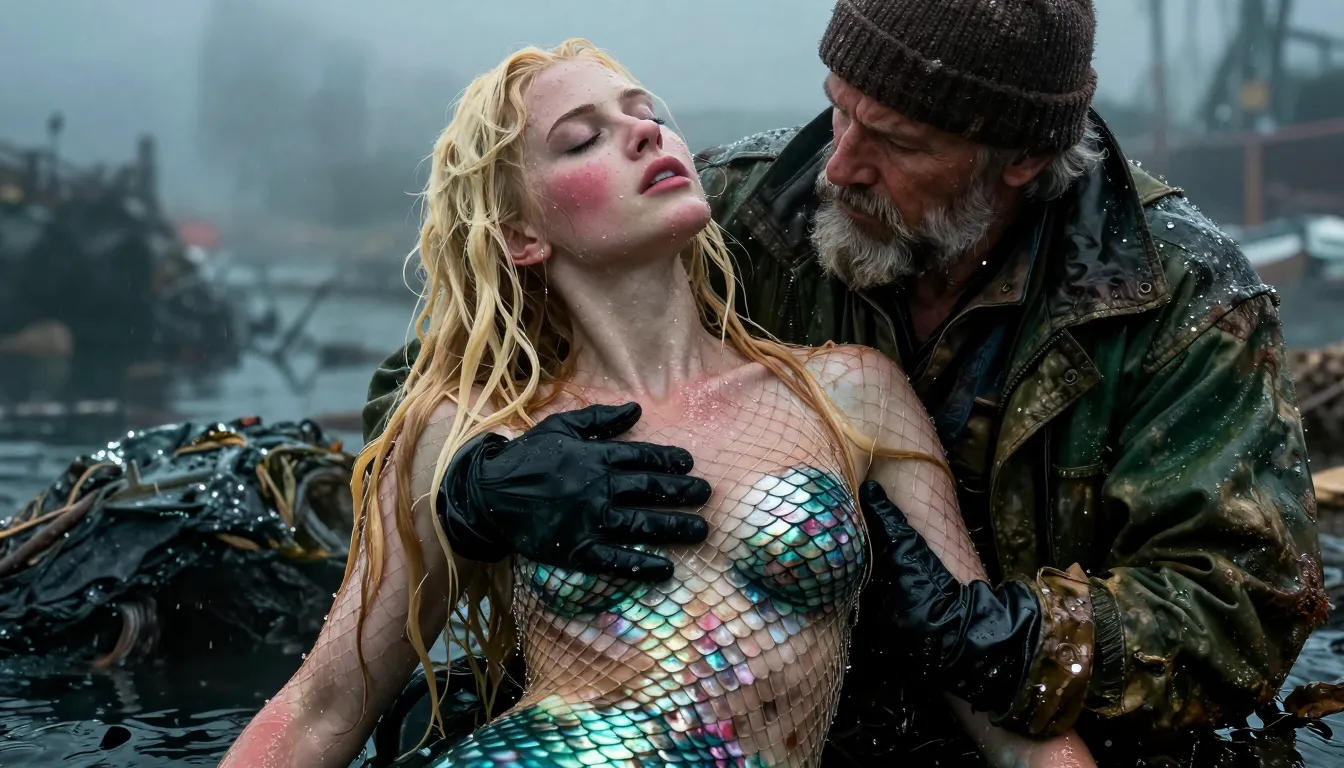 This photograph captures a dramatic, wet, and cold scene featuring a bearded older man in a green, weathered jacket and brown beanie, gripping a wet, fair-skinned, blonde-haired mermaid woman with closed eyes and a flushed expression. The mermaid has a fishnet-like scale pattern over her chest, with visible scales on her arms and lower body, and her wet hair cascades down her back. The man's gloved hand is on her chest, while his other hand holds her waist. The background is misty and foggy, suggesting a cold, maritime environment. The image has a realistic, cinematic style, with detailed textures and a moody, atmospheric color palette. .