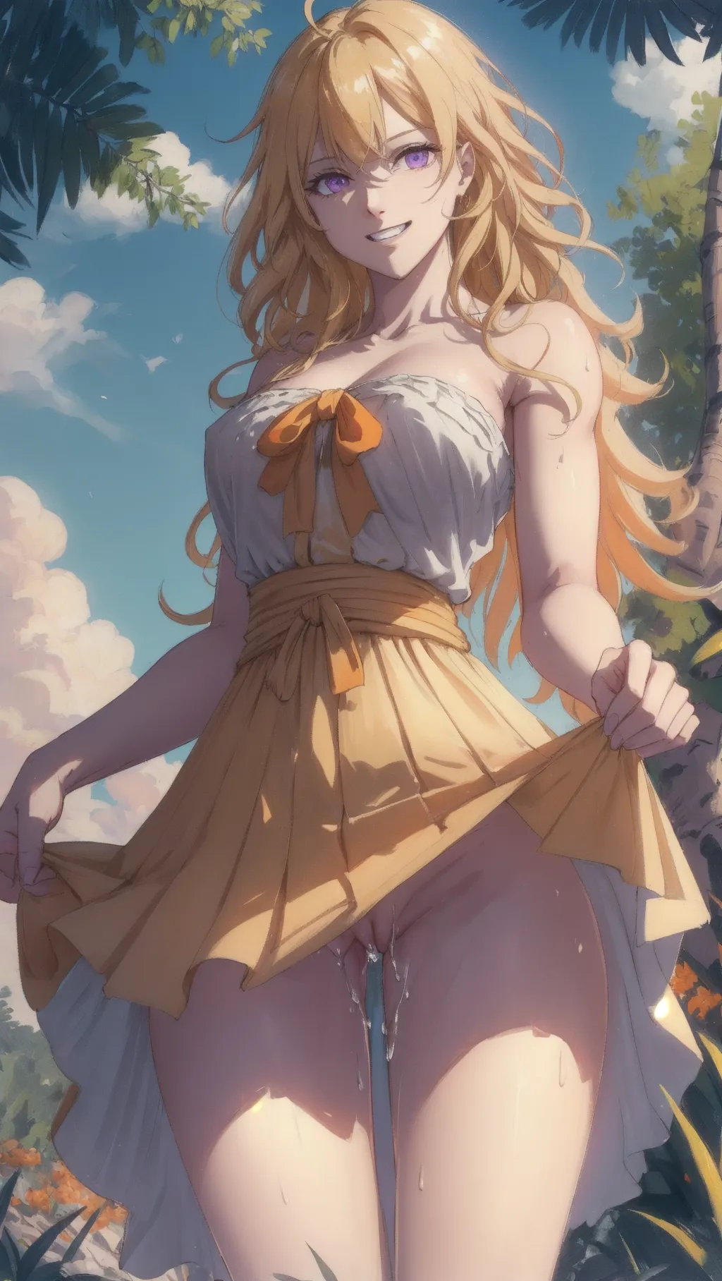 (Best quality, hyperrealistic semi-real, outdoor calm serene portrait), (muscular-woman lifting up skirt with clear-skies), (wavy yellow-hair with orange tips and hair-between-eyes and ahoge), (flowing yellow-sundress),
(correct anatomy of a thick and muscular woman), (cute face and purple eyes turning to look at viewer with cocky arrogant expression:1.08), beautiful thin lips (smiling arrogantly showing teeth), skirt lift showing view of naked pussy (oozing with pussy-juice),
Hyperrealistic skin (glistening with sweat), (Soft sunlight with floating bokeh dust with clear-skies, rich with color and contrast), dominating and powerful pose,
soft focus, sharp and clear image, (physically based ray-tracing, photon mapping:1.15), <lora:dpmg_add_detail:0.25>, (high resolution masterpiece), grass and tree