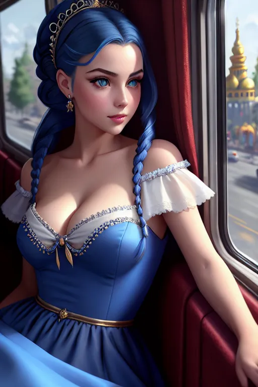 a oil painting of,an ukrainian girl,wearing princess dress,leaning against the wall,in the bus,big breasts,five fingers per hand,fishtail hair,charming face,beautiful lips,blue eyes,curved eyebrows,smooth skin,tattoo,bokeh,artstation,unreal engine,professional,highly detailed