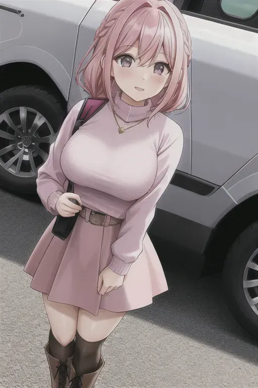 Female, tulip pink hair, shoulder length, fandango colored eyes, magenta colored sweater, navy blue skirt, black boots
