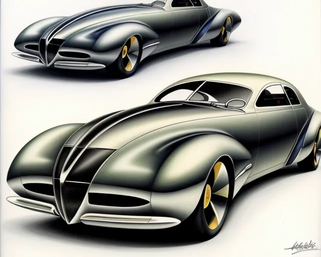 A rendering in airbrush, marker, and colored pencil, of a sleek sedan concept car styled after cars of the 1940's