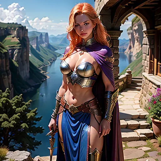 High fantasy setting (Dungeons and Dragons), castle on a cliff in a forest by a lake,
two women, blonde Olivia Wilde and redhaired Dina Meyer, wearing leather and metal armour, blue and purple clothes, long cape, knee long skirt, leather boots, medium breasts, cleavage, toned body, abs, slender, bare waist, detailed beautiful face, blue eyes, holding dagger or sword in one hand, <lora:dpmg_add_detail:0.4>, vivid colors, cinematic composition, artificial light, UHD, HDR, highest quality, highest resolution, (photorealist), (photorealism), (masterpiece:0.4)