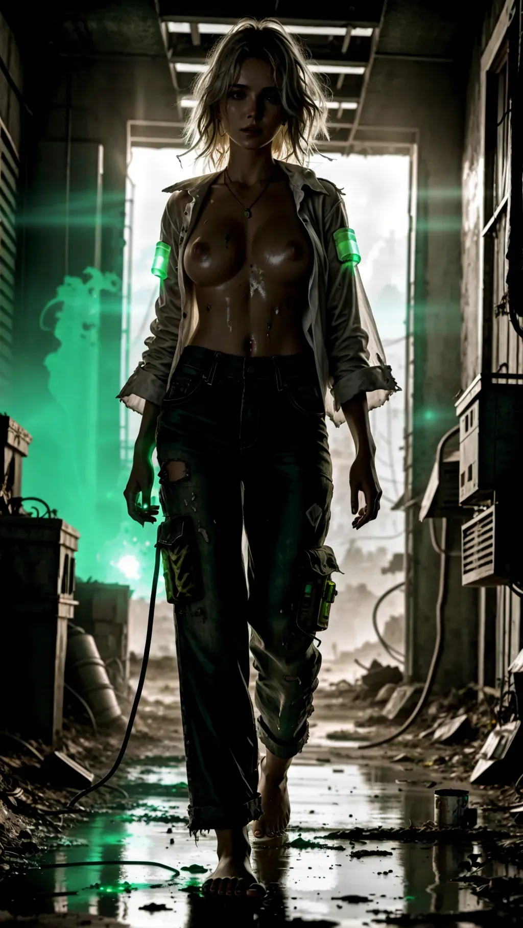 zoomed out, ultrarealistic image, adult barefoot white-skinned female journalist girl with grimy feet and wild unkempt hair wearing casual clothing with a torn shirt and long ankle-length pants and wearing toe rings while wandering a nuclear fallout wilderness with glowing radioactive sludge everywhere, barefoot, barefoot, barefoot, toxic sludge ground, sludge covered feet, exposed nipple, nip slip, luminescent sludge, glowing radioactive toxic sludge, exposed nipple, nip slip, ripped shirt, glowing puddles of sludge, glowing radioactive sludge, ripped clothing, exposed nipple, nip slip, glowing radioactive nipples, erect nipples, glowing radioactive nipples,