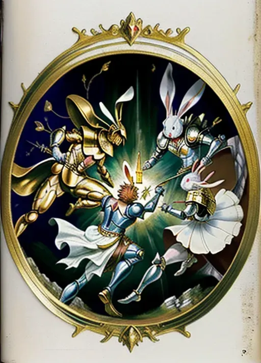 old medieval tome, medieval art, classical style, great battle, battlefield painting, three human knights fighting a white rabbit animal, full armor, one with gold crown, cave entrance, hare, bunny, pointy teeth, (((white rabbit animal)))