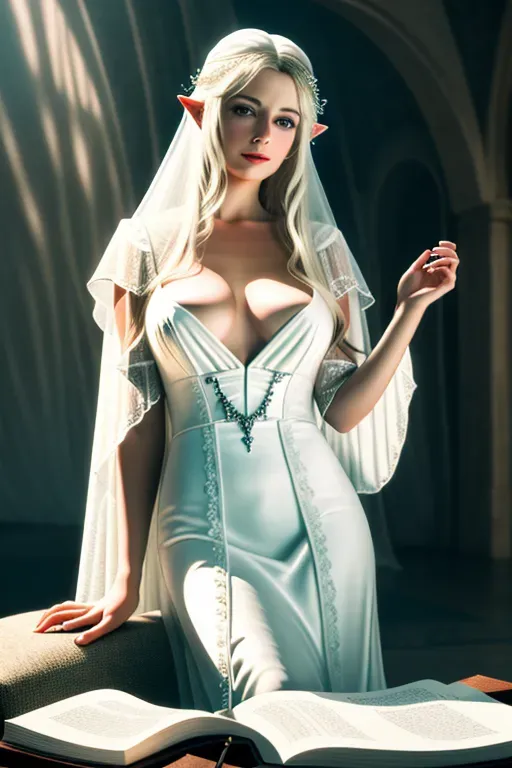 an hd photography of, <Ilaria Amico> as Galadriel, wearing secretary dress, posing for an erotic magazine, <lora:dpmg_shirt_pull:1>, peaceful, studio light, nsfw, editorial, highly detailed, sharp focus, ultra realistic, masterpiece, high detailed 8k photography