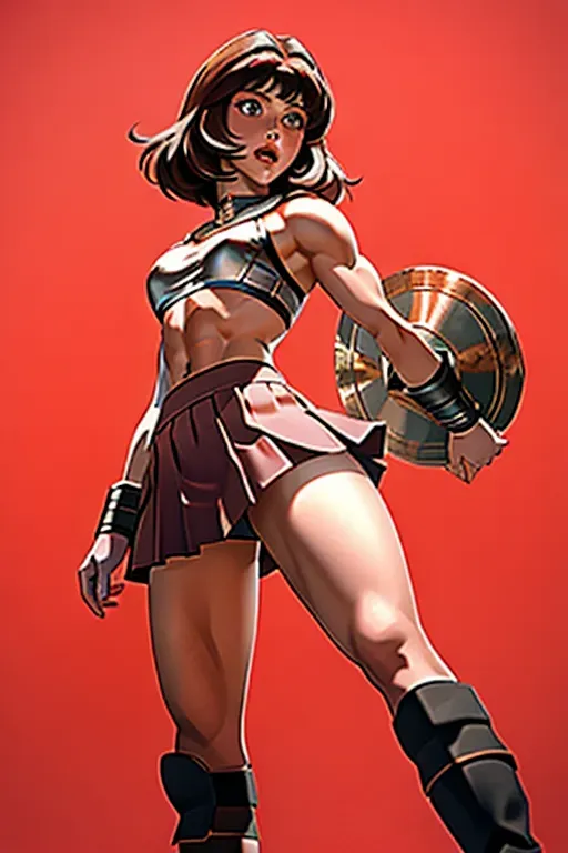 The high-definition movie photograph of beautiful Elisabeth Sladen from The Hand Of Fear as a fearsome gladiator, beautiful face, abs, small breasts, muscled shoulders, muscled arms, perfect bottom, bare-breasted, short skirt, tight leather skirt, armoured, background is a blood-stained arena with cheering roman citizens