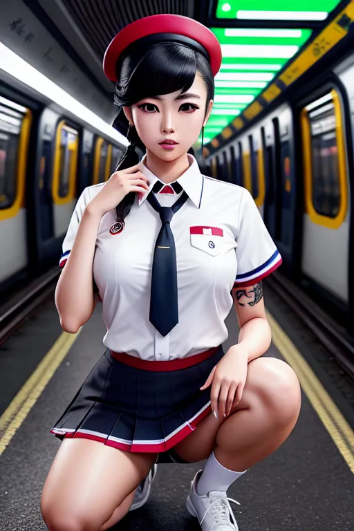 a digital art of,ai uehara,wearing japanese high school uniform,squatting,in the london underground,five slender fingers,updo hair,beautiful face,beautiful lips,green eyes,curved eyebrows,curved eyelid,textured skin,tattoo,professional,bokeh,unreal engine,studio lighting,smooth