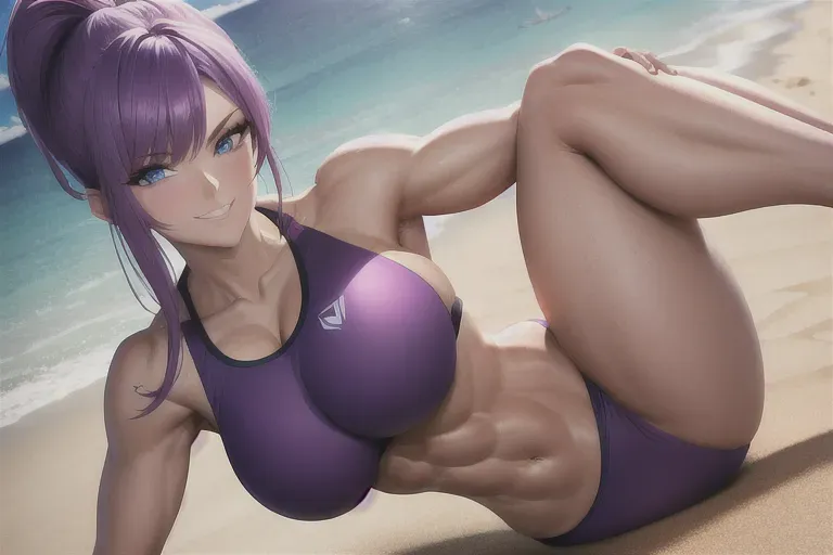wide shot, 20 year old, a fitness model, fit, gym outfit, purple, beach, daytime, sunlight, happy, 8k, professional