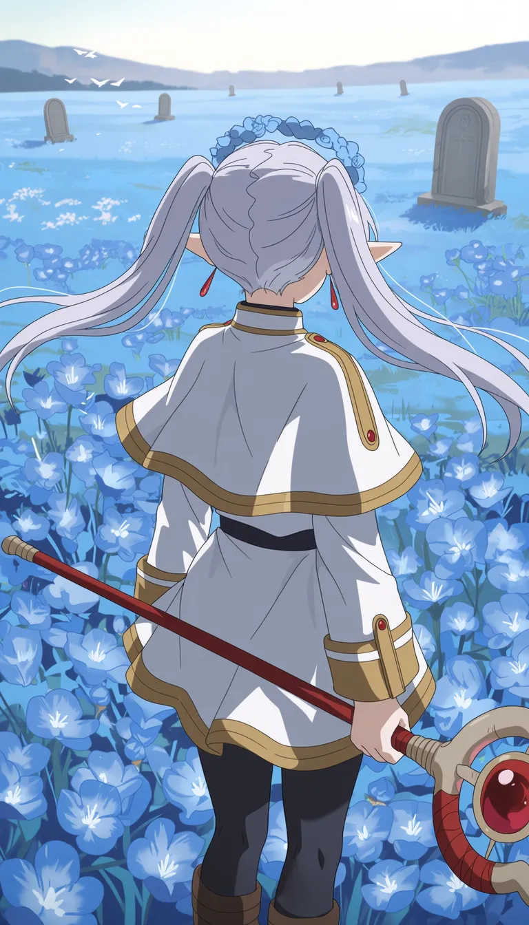 best quality, score_7, score_9, sensitive, very aesthetic, ultra detailed, fair skin, explicit, high contrast, 1girl, frieren,
koi hh,
elf, floating grey long hair, pointy ears, twintails, black pantyhose, floating earrings, jewelry, mage staff, white capelet, white skirt, from behind, solo, flower field, head wreath, simple bird, tombstone, holding, wide shot, long hair, standing, facing away, white hair, capelet, earrings, skirt, field, outdoors, holding staff, pantyhose, long sleeves, feet out of frame, staff, flower, blue flower, teardrop earring,
A solitary elf with long, flowing white hair and pointed ears stands in a field of vibrant blue flowers. She wears a simple, light-colored tunic with a capelet draped over her shoulders, and holds a staff topped with a glowing red orb. The scene is bathed in soft, ethereal light, creating a dreamlike atmosphere as the character gazes into the distance.