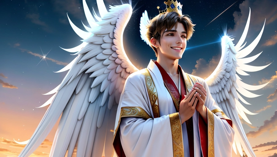a 64k high detailed photo of body shot of Angelic, HDR Professional ((In Robes))) ((Has robe Attire)) Godly Ultra Detailed Best Quality Most Detailed (((Angel Wings))) Angelic Lighting Love Hope Magic casting Crown Smiling king happy Glory Warrior Angels Angelics Positivity Happiness ecstasy enraptured sweaty saving God Royalty Morality Goodness True Good Power Force Authority Ethical Saviour Halo short Hair Always and Forever Sentimental in heat hot ultra hot best best lighting tantric Neutral Brilliant Logical Compassionate Perfect Perfection Exciting Integrity Winged Courage Purity Harmony Beauty mark on upper lip ((Male)) (Ethereal Lighting) (Celestial Lighting) (((With Clothes))) ((With God Item)) ((God Tech)) with items of power God Wings ((Afterlife Light)) (Love Worship) ((Happy Expression)) ((smiling)) (((Angels)))