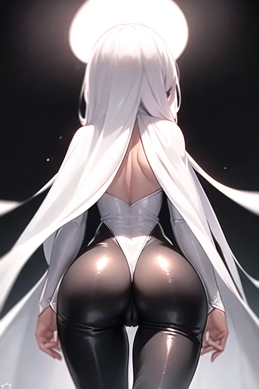 Lysithea von Ordelia, middle length white hair, (high detailed face), black leather bodysuit, perfect breasts, slender, long legs, from behind, perfect ass, cameltoe