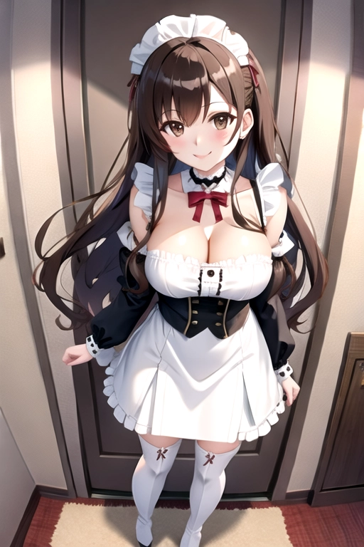 8k quality, brown eyes, pale white skin, brown hair, giant breasts, cleavage, looking at viewer, pov, long hair, wavy hair, full body photo, standing in living room, smiling, minidress, high heels, thigh high boots, choker, maid uniform