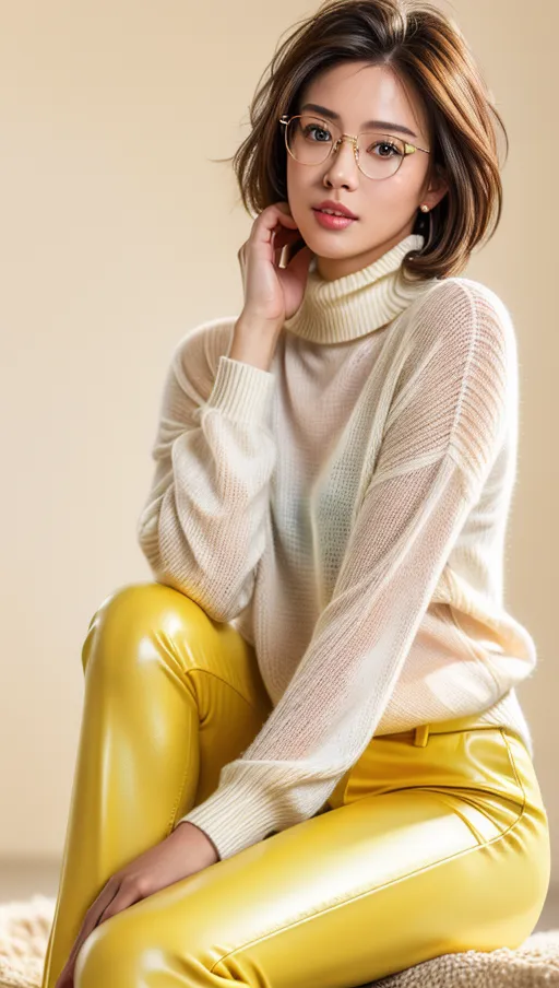 8k High resolution photorealistic colored picture of a beautiful German girl, golden glasses, cute face, high cheekbones, black short hair, wearing a yellow turtleneck sweater, wearing a pair of black leather pants, stubby nose,
High Definition skin, high definition hair,
(<lora:dpmg_add_detail:0.8>),
detailed glossy eyes, beautiful lips, detailed face, detailed textured skin, photorealistic, realistic detailed hair, pretty teeth, textured imperfect skin, realistic pretty feet, (accurate realistic eyes), realistic teeth, realistic mouth, pubic hair, realistic skin color, realistic skin tone,realistic hair color, realistic hair tone, accurate skin color, accurate skin tone,accurate hair color, accurate hair tone,
pretty teeth, textured skin, (pores),
(8k RAW photo), (best quality), (masterpiece:1.3), (photo-realistic), hair highlighted, UHD, Nikon Z5, (50mm lens), f2.8, sharp focus, tack sharp, dof, film grain, Fujifilm XT3, (bokeh), subsurface scattering, volumetric lighting, focused, dynamic pose, dramatic angle, dramatic lighting, cinematic composition, HDR, (highest quality:1.8), highest resolution, (photo-realistic:1.72)
--s 200 --v 5.2
