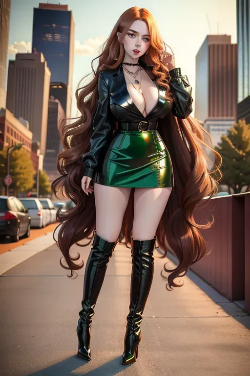 full body, chestnut hair, green eyes, short girl, green miniskirt, black high heel boots, looking at viewer, long hair, pale skin, black necklace, black blouse, 24 years old, big breasts, cute face, pov, wavy hair, city environment, Oklahoma City, wide eyes, erotic