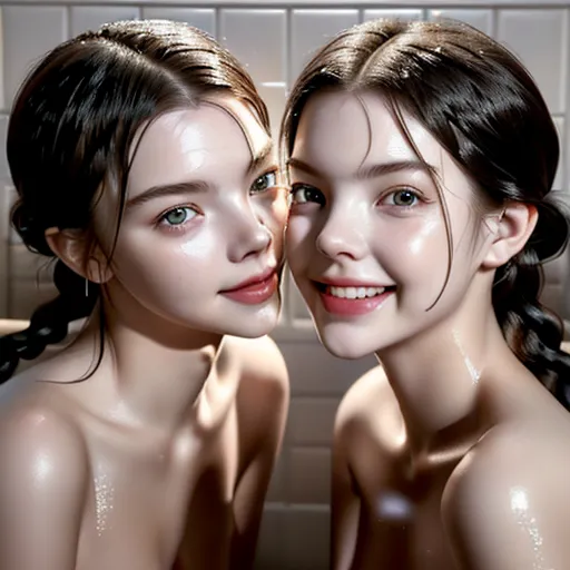 Dynamic poses of lesbians with 2 different girls standing naked and washing each other in communal shower soaping each others bodies nude cute perfect breast hair in a braids pigtails pixie cutthin bodies perfect eyes looking at each other open mouth depth of field detailed shower scene showing girls whole bodies front viewn sharp-focus best quality)(foreground lighting:1.4) perfect shadowing front view viewed from abovelens 14mm (photorealistic:1.6) (hyperrealistic:1.2) (photorealistic face:1.2) (Masterpiece) (cumshot) smiling wet hair screaming of joy
2 different girls Danish actress ((JulieZangenberg))
((Anya Taylor-Joy))