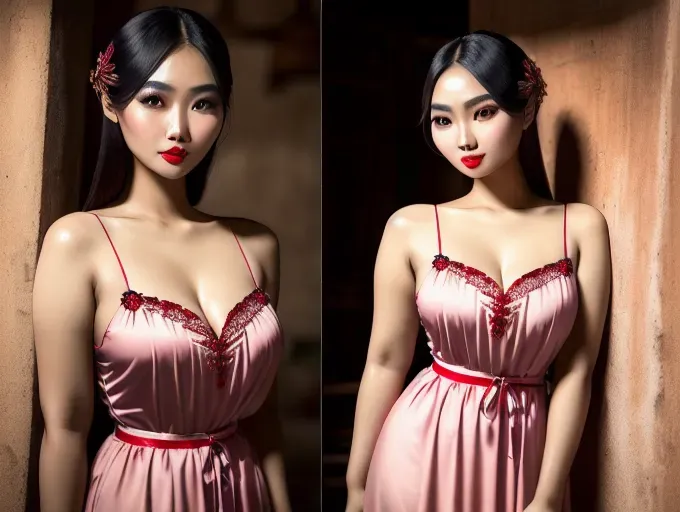 photography of philippine girl, 18 years old, beautiful face, at the farm, perfect body, big rounded eyes, beautiful red lips, highly detailed face, curved eyebrows, inocent face, correct anatomy, 8k, insanely beautiful, ultrarealistic, small waist, sexy pose, back pose, sexy nightgown, walking, restaurant, drinking wine