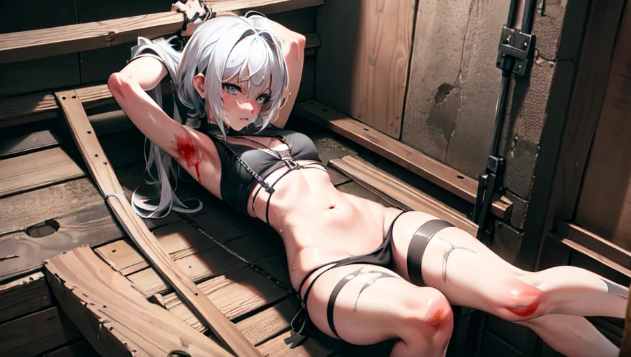 8k high definition photo of Miley Cyrus hanging in dungeon (feet lifted from floor), exhausted, sweaty skin, torn clothes, bloody_marks_on_bellyskin, hands tied up over head to wooden frame