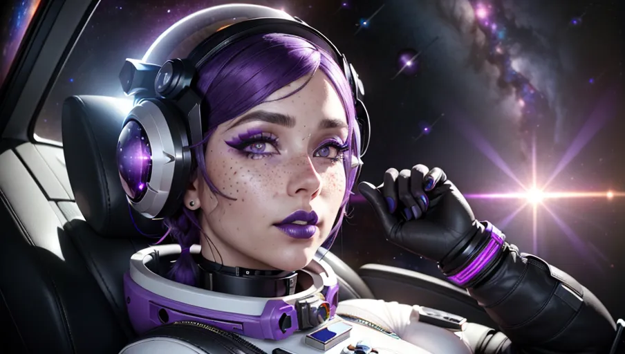 photorealistic, 8k, accurate face, (((detailed face))), (((replicate inspiration face))), freckles, black lipstick, collar, purple hair,
wearing a space suit, fish bowl helmet, large breasts, thick thighs, holding a ray gun, full body shot,
wallpaper, high fidelity, floating in space, cosmic galaxy,