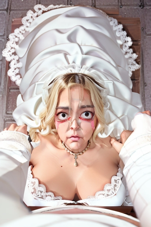 ((((submissive bride)))), Gorgeous woman, (huge breasts:1.5), cleavage, sexy, slim waist, thin, pov from above, best quality, ((((ultra high resolution)))), ((((Extremely gigantic low hanging cleavage)))), ((((her entire head is visible)))), ((((enable advanced realistic skin texture layering protocols)))), ((((((Gorgeous face)))))), detailed, high quality, (((((hands tied behind back))))), ((((((slave collar)))))), (((((((nipples exposed)))))), ((long blond hair)), ((setting bedroom)), ((((22 years old)))), <lora:pet_shaming:1>, <lora:dpmg_scared_expression:1.9>, (((dpmg_face_cum_v1))), (((((dpmg_pov_blowjob_v1))))), ((bridal lingerie)), (((((unrealistically thin)))))