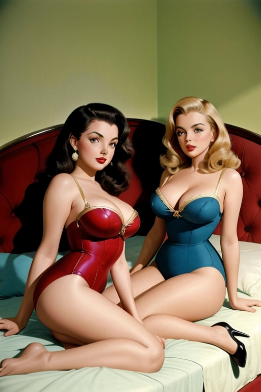 1950s style, beautiful young Diana Dors and Joan Collins, aged 20, ((accurate faces)), elegant bedroom, sexy period leotards,