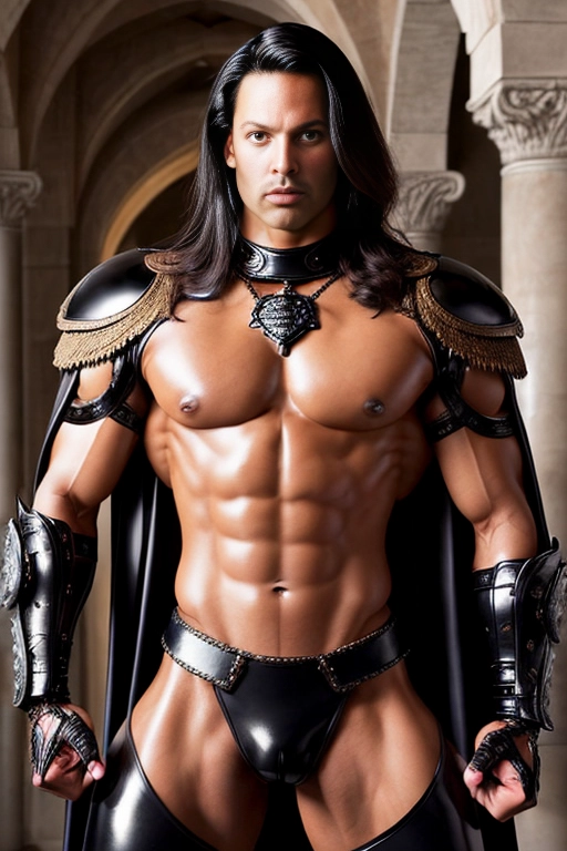 A professional photograph of a tall and very muscular latino prince
model has short dark hair and dark bronze skin
model has a bodybuilder physique
model is wearing black leather pants and black medieval nobleman attire
model is wearing an elaborate cape
background is an arabian castle interior
<lora:dpmg_add_detail:1>