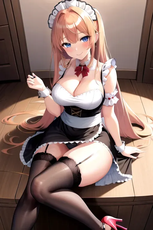 1girl, solo, strawberry blonde hair, high heels, long hair, looking at viewer, on back, feet, blush, underwear, panties, giant breasts, black maid uniform, miniskirt, blue eyes, pov, smiling, cleavage, cleaning house