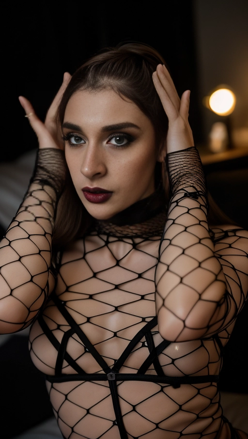 wearing, fishnet bodysuit, body cage, harness, embarrassed, shy, sissy,
(((A beautiful 22 year old crossdresser))), naked, slender body, shoulder length brunette hair, ((flat chest)), pale skin, photography, detailed skin, realistic, photo-realistic, 8k, highly detailed, full length frame, High detail RAW color art, piercing, diffused soft lighting, shallow depth of field, sharp focus, hyperrealism, cinematic lighting,
winged eyeliner, black lipstick, freckles,
in her bedroom at night, sat on bed, legs spread,