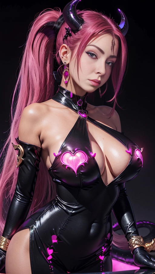 best quality, (((ultra high res))), (((detailed face and eyes))), (perfect face), big shining heart choker, earrings, jewelry, (((big glowing succubus mark))), ((((big glowing succubus bodymark)))), (((conjuring))), (witch), ((long voluminous hair)), (((black gloves))), ((pink hair)), straight hair, (((golden bracelet))), ((single ponytail)), (((huge hair cuff))), ((skintight neckholder dress with low neckline)), ((face closeup)), purple, (burgundy red lipstick), (((neckholder top with low neckline))), ((((demon tail)))), ((long sleeves)), ((purple glowing heart)), (((cameltoe)))