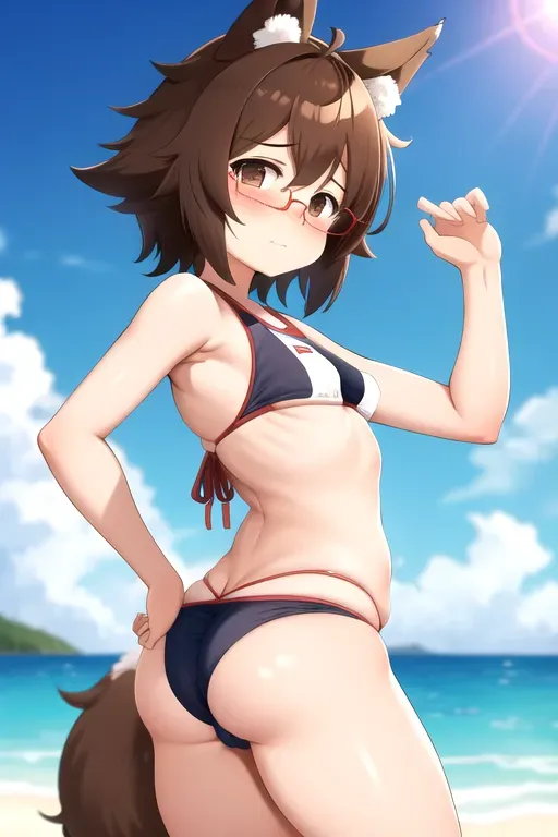tomboy,glasses,small boobs,bikini,blush,big butt,5 feet tall,cameltoe, wolf ears,wolf tail,gym,brown hair