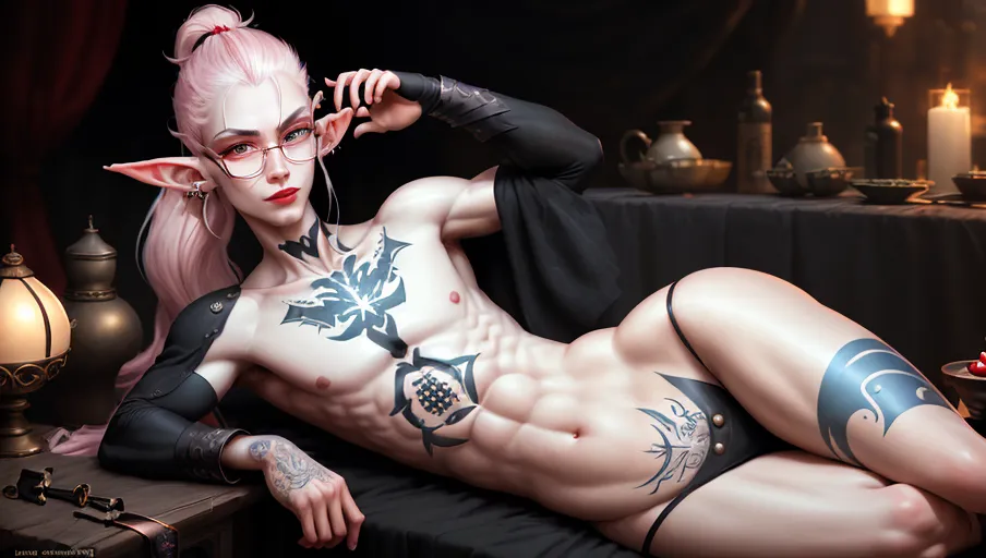 masterpiece, best quality, splashart, cinematic lighting, stylized, evil aesthetic, artstation, young, male, feminine, scoundrel, lounging, button nose, long white hair, hair around face, long ponytail, pink highlights, mocha skin, blue eyes, glasses on face with opaque black lenses and circular rim, septum piercing, black tattoos across body, soft features, button nose, shaven, naked, plump red lips, freckles, round cheekbones, flat chest, long elf ears, elf, in bazaar, adorable, beautiful, thin, evil grin, expressive